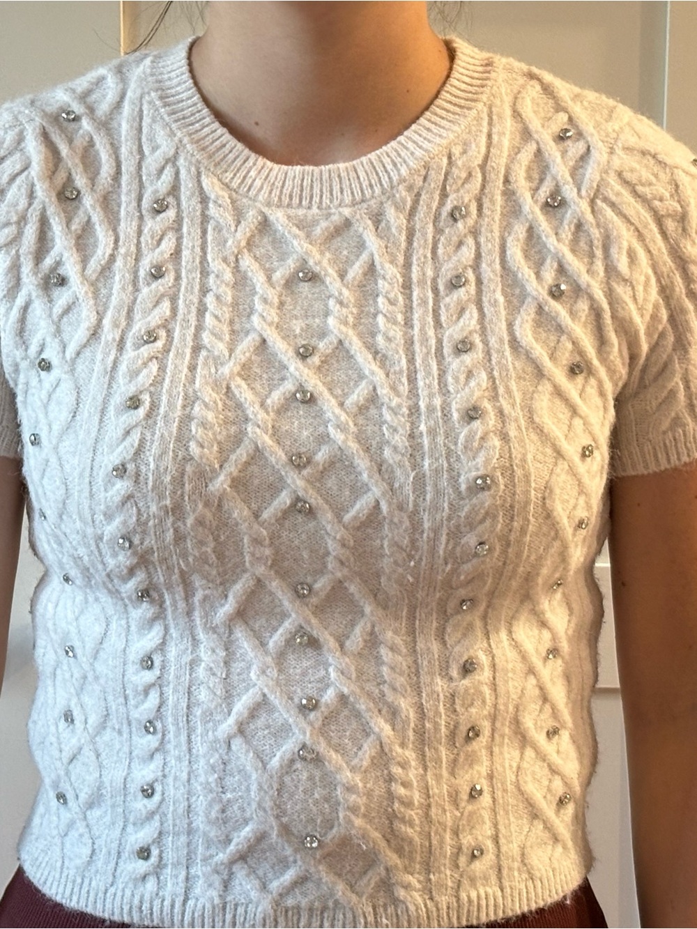 White Cable Knit Short-Sleeve Sweater